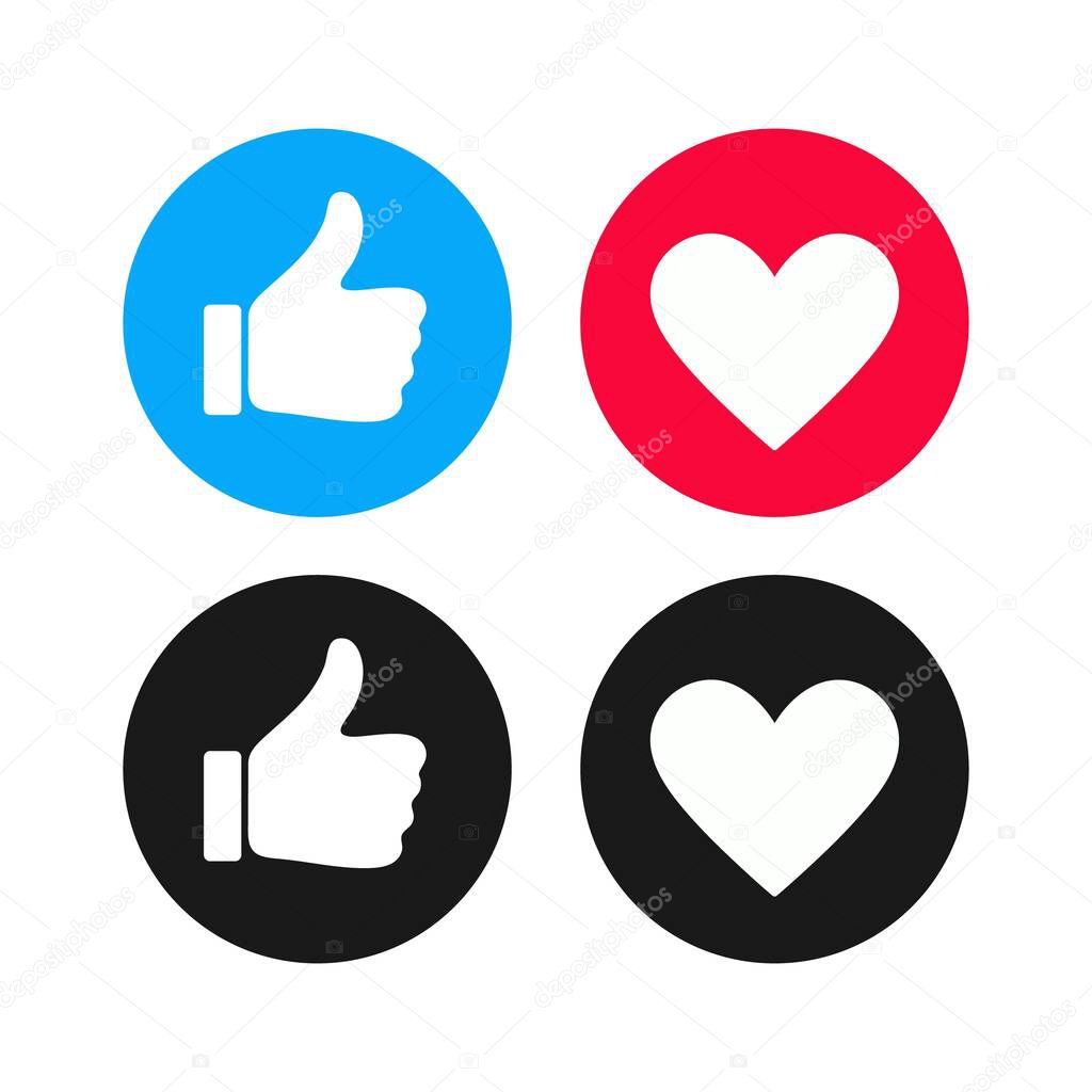 Thumb up and heart icon on white background. Vector like and love icon. Ready like and love button for website and mobile app.