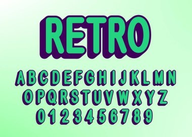 Vektör retro alfabe harfleri yazı tipi ve numarası. Moda tasarımları çok az. Baskı veya logo tasarımı için tipografi yazı tipleri. Düşen gölgeli yeşil harfler.