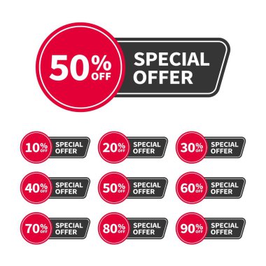 Reklam, web ve baskı tasarımı için Today Offer ile modern satış etiketleri ya da pankartlar ayarlandı. Moda rozetlerinin şablonu, 10, 20, 30, 40, 50, 60, 70, 80, 90% indirimli. Vektör düz biçimi.