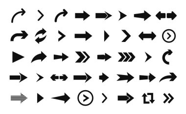 Ok simgesi. Web tasarımı, mobil uygulamalar, arayüz ve daha fazlası için büyük vektör düz oklar kümesi.