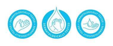 Dermatologically tested, vector sticker or label. Ready icons set for use on packages design of dermatological products. Label design with, hand and drop of water logo. clipart