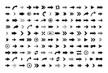 Ok simgesi. Web tasarımı, mobil uygulamalar, arayüz ve daha fazlası için büyük vektör düz oklar kümesi.