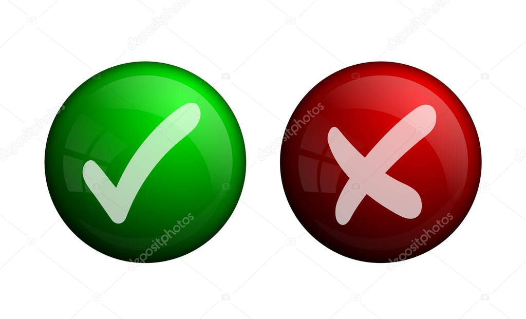 Green check mark, approval mark. Red cross, rejection sign. Vector shiny glass button. Shiny Green checkmark and red cross badge.