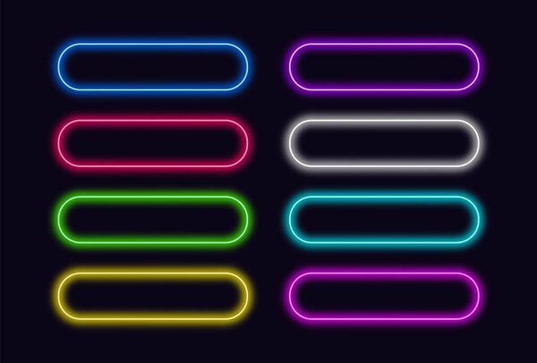 Neon buttons set for Web or UI design. Vector glowing push button.