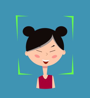 Yüz tanıma. Vektör çizim. Çizgi film kız.