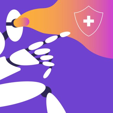 Yapay zeka robotu ve sanal gerçeklikle sağlık sigortası. İnsanlar için koruma kavramı. Yapay zekayla sağlık hizmeti. Düz vektör illüstrasyonu.