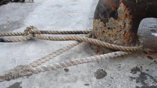 Old Rusted Mooring Bollard Knotted Nautical Ropes Ulleungdo South Korea — Stock Video