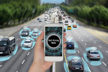Automobile concept that connects with smart phone and autonomously drives the road. clipart