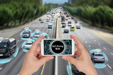Automobile concept that connects with smart phone and autonomously drives the road. clipart