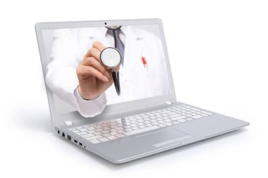 Teletıp kavramı. Doktor bilgisayar dizüstü bilgisayar ekranında bir stetoskop ile.
