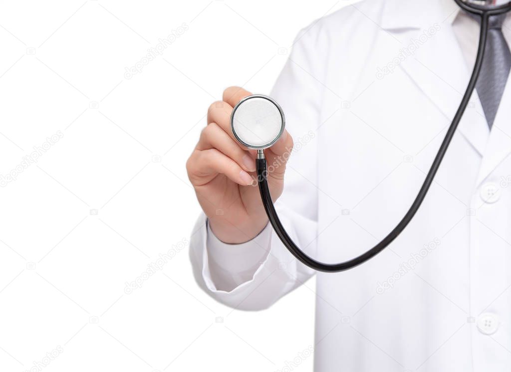 Medical doctor with copy space isolated on white background.