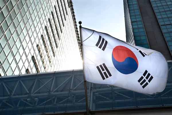 高層ビルにぶら下がっている韓国の国旗. — ストック写真