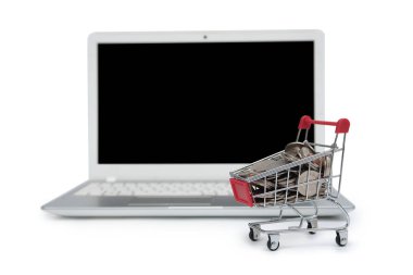 internet online alışveriş kavramı ile bilgisayar ve sepeti