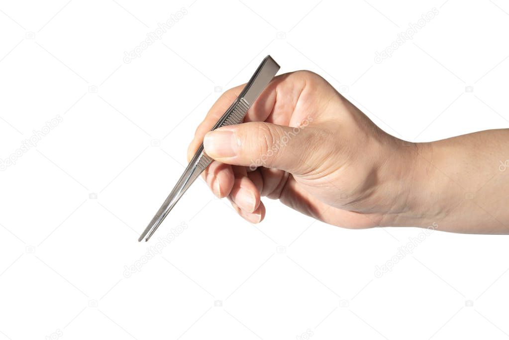 Close up of mans hand holding an tweezers