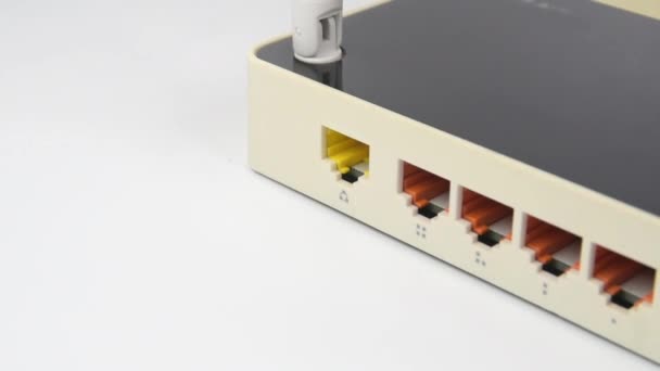 Close-up van de Mans hand die de LAN-kabel verbindt met een thuis Internet router. — Stockvideo