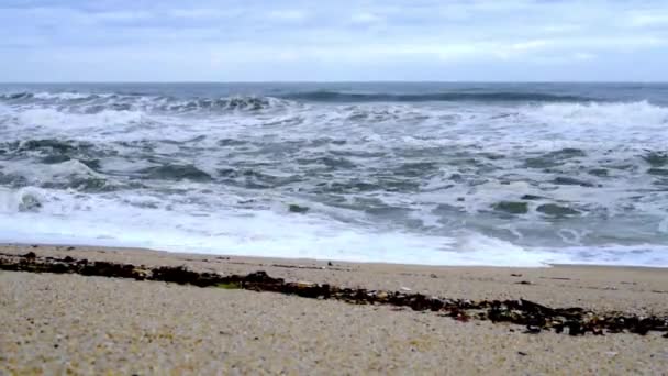 Μια Παραλία Σκηνή Στην Οποία Ψηλά Κύματα Έρχονται Συννεφιά Και — Αρχείο Βίντεο