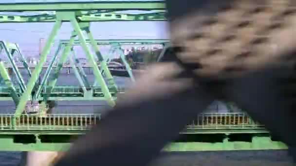 Pohled z vlaku projíždějícího přes most přes řeku Han v Soulu, Jižní Korea. — Stock video