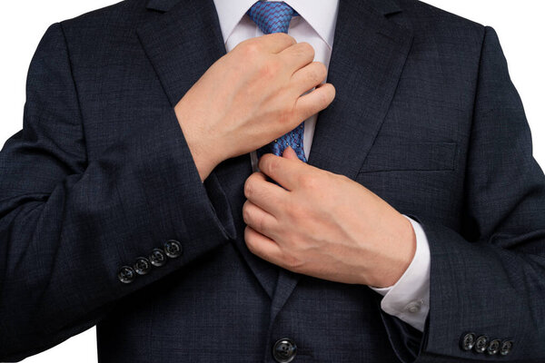 The upper body of a man businessman in a suit on a white background.