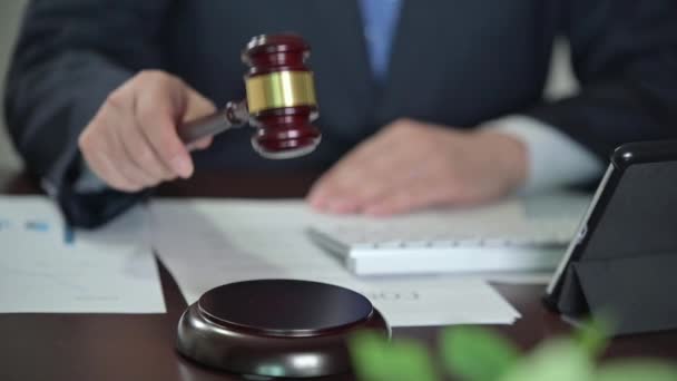 Slow Motion Male Businessman Holding Gavel Hand Justice Auction Concept — Stock Video