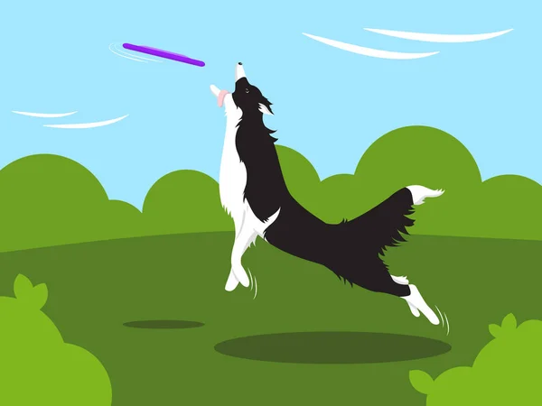 Ilustración Vectorial Perro Jugando Con Frisbee Salto Sobre Fondo Paisaje — Vector de stock