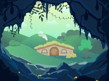 Fantezi manzara orman hills ve altın karanlık mağaranın, vektör el çizmek çizim arasında gnome ev