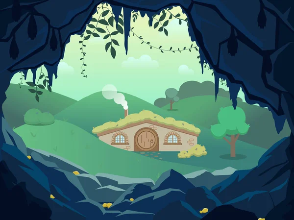 Paysage Fantastique Avec Maison Gnome Entre Les Collines Forêt Grotte — Image vectorielle