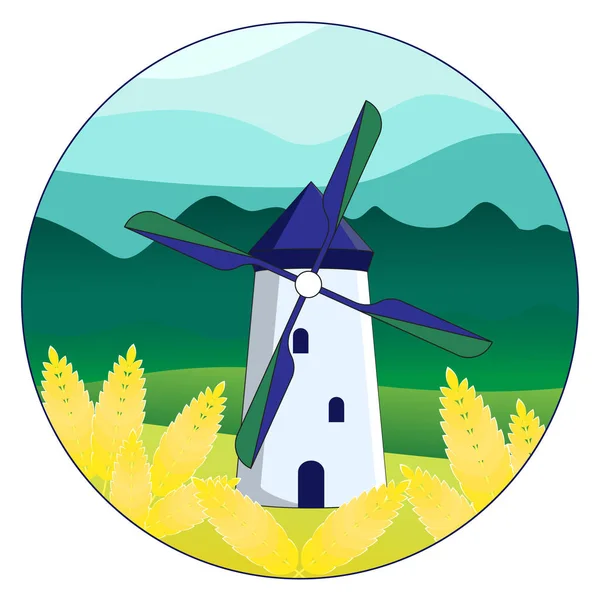 風車と植物ツリーと農村景観は ベクトル手描ラウンド ステッカー — ストックベクタ