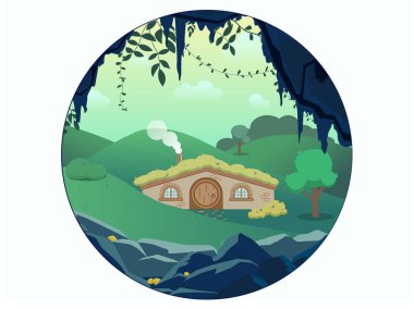 Fantezi manzara orman hills ve altın karanlık mağaranın, vektör el arasında gnome ev çizmek yuvarlak etiket