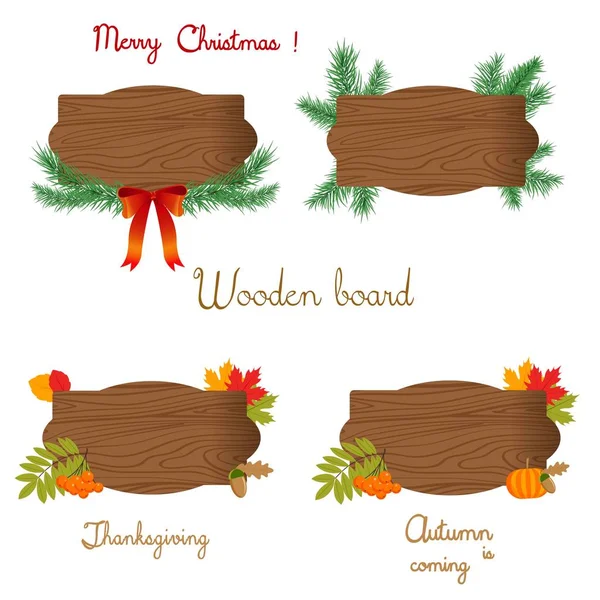 Holzbretter Mit Dekorativen Elementen Vektor Illustration Für Herbstplakate Erntedank Weihnachten — Stockvektor