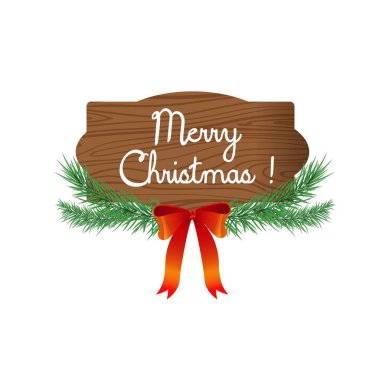 Neşeli Noel ahşap tahta çam dalları ve şenlikli kırmızı yay ile. Vektör tebrik posteri. 2019 yeni yıl