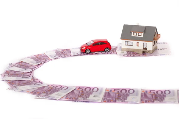 Model House Car Five Hundred Euro Banknote Road White Background — Stock Photo, Image