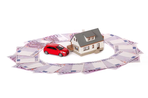 Model House Car Five Hundred Euro Banknote White Background — Stock Photo, Image