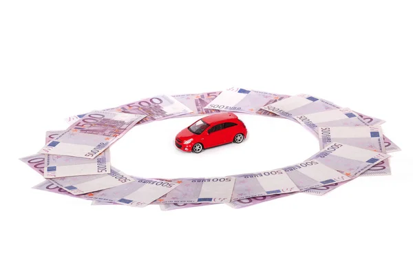 Model Car Five Hundred Euro Banknote White Background — Stock Photo, Image