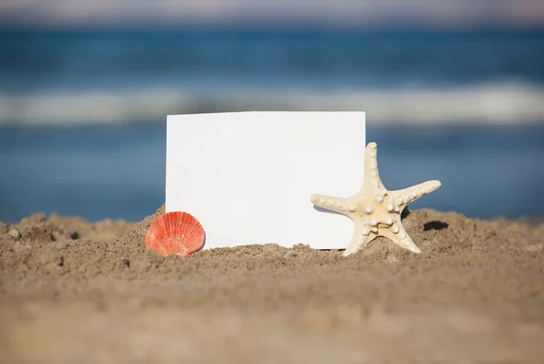 Leere Weiße Papierkarte Und Muscheln Sandstrand Sommer Hintergrund — Stockfoto