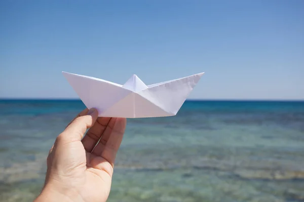 Dream Have Ship Hand Holding Paper Boat Sea — Stock Photo, Image