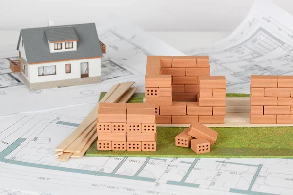 Stavba Modelu Domu Cihlou Plán — Stock fotografie
