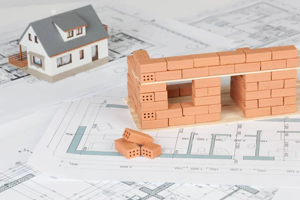 Construction Maison Modèle Avec Brique Sur Plan — Photo