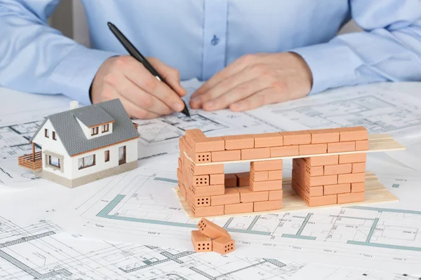 Model House Construction Brick Architect Working Blueprint — Stock Photo, Image