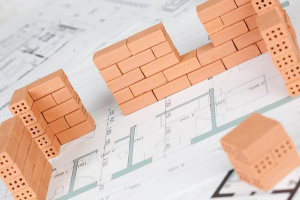 Closeup Model House Construction Brick Blueprint — Stock Photo, Image