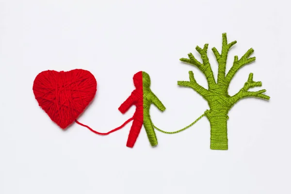 Yarn Red Heart Green Tree Human Figure Isolated White Ecology — Stock Photo, Image