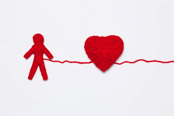 Red Yarn Heart Human Figure Isolated White Background — Stock Photo, Image