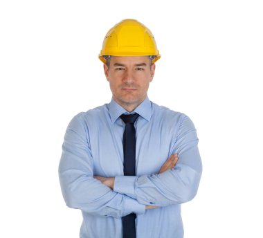 El ile Mimar katlanmış. Beyaz arka planda yalıtılmış.