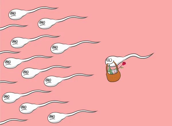 Spermie plavání a jedno romantické sperma. — Stockový vektor