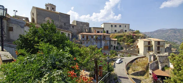 Vista Panorámica Los Edificios Antiguo Pueblo Montaña Savoca Sicilia Italia — Foto de Stock