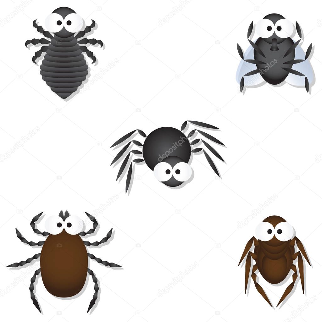 Cute creepy bugs with googly eyes, Icons set Vector Illustration