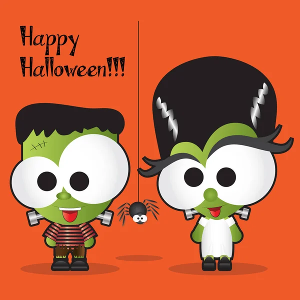 Bonito Feliz Halloween Fundo Ilustração Vetorial Frankestein Noiva Desenhos Animados —  Vetores de Stock