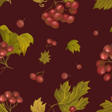 Kırmızı böğürtlenler, kaliteli arka plandaki viburnum brançlarının kusursuz boyanmış desenleri.