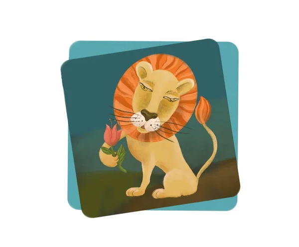 Aslan çizgi filmi, beyaz arkaplanda mavi kare çerçeveyle boyanmış sevimli karakter. 