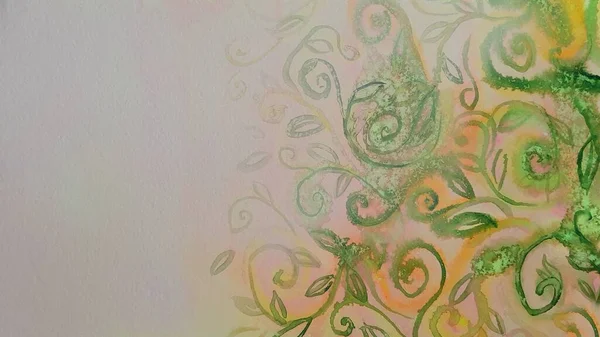 Dekoratif yeşil ve sarı yapraklı soyut renkli el boyası arka plan 