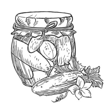 Yaprak çizgisi illüstrasyonlu salatalık ve sebze kavanozu